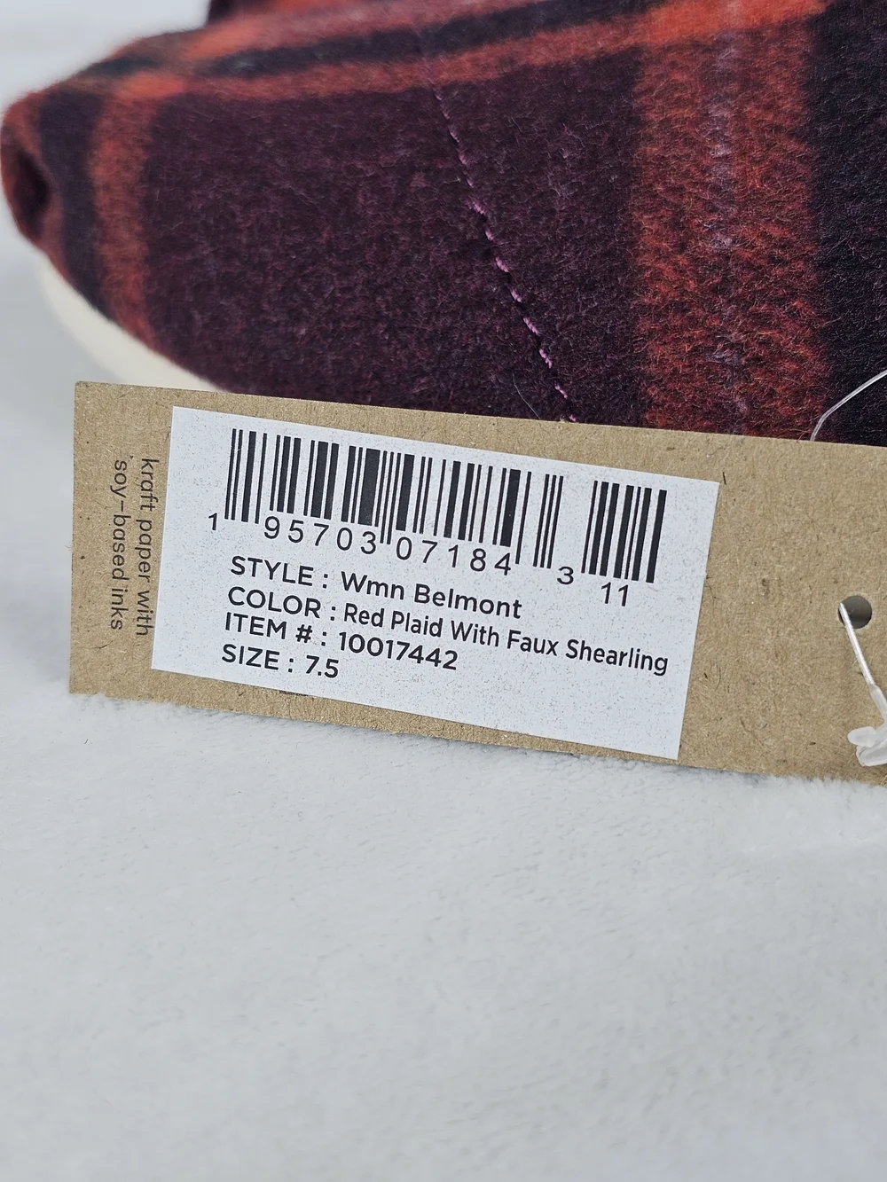 TOMS Alpargata Flat Wool Red Plaid Women's 7.5 Faux Fur Slip On Shoes Boho Cute
